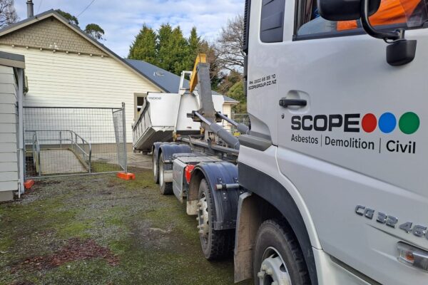 image of Scope Group dump truck at Waitahuna School during asbestos removal and disposal by Scope Group in Dunedin, NZ